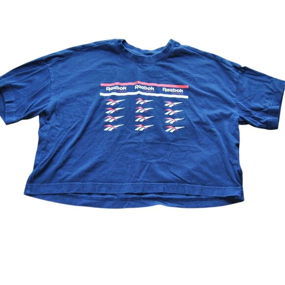 Reebok Classic Small Red White & Navy Blue Short Sleeve Crop Top - Picture 1 of 6